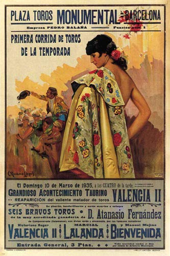 Inga Affiche publicitaire vintage Corrida Barcelone Espagne 1935 Décoration murale en métal 20,3 x 30,5 cm