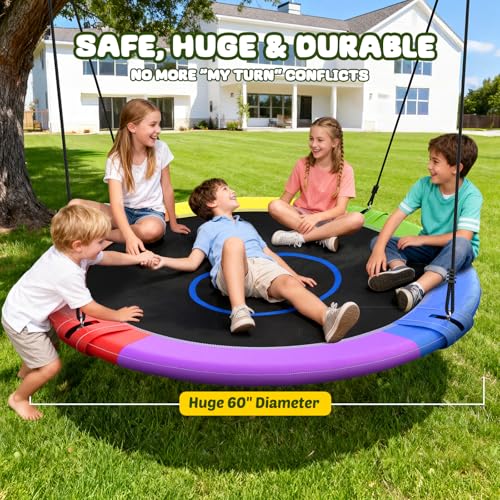 Image of Trekassy 60 inch Large Saucer Tree Swing for Kids Adults 900D Oxford Waterproof with 2pcs Hanging Straps-Rainbow