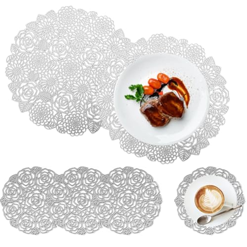 Spldsun Set von 6 PVC Tischset Rund und Untersetzer - Silber Hohle Platzset f&uuml;r Rutschfeste, Kratzfeste, Dekorative Tische