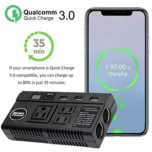 Car Power Inverter 120W Dc 12V 24V To Ac 110V Car Charger Adapter With 3 Ac Outlets Dual Cigarette Lighter 4 Usb Ports Charger Quick Charging 3.0 For Phones Tablets Laptops Kindle (Black) #TOP3