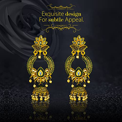 Golden Green Shade Flower Drop Earrings Traditional Ethnic Earpieces