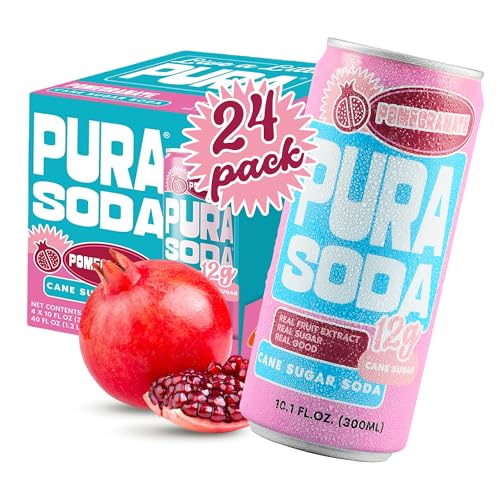 PuraSoda® Pomegranate | Low-Calorie, Cane Sugar Soda Beverage | Non-GMO, Vegan | Made with Pure Cane Sugar, No Preservatives | 10.1 fl oz (300ml) Cans, 24-Pack