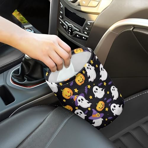 Image of Cute Ghost Pumpkins Hanging Car Trash Bag Vehicle Trash Can with Adjustable Buttons Collapsible Multipurpose Auto Storage Bag Road Trip Essentials