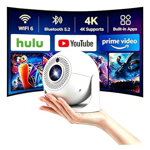 Portable Mini Projector with WiFi & Bluetooth, Auto Focus & Keystone Ceiling Projector Smart Proyector Built-in APPS and Speaker, 180° Rotatable Outdoor Movie Home Theater Projector