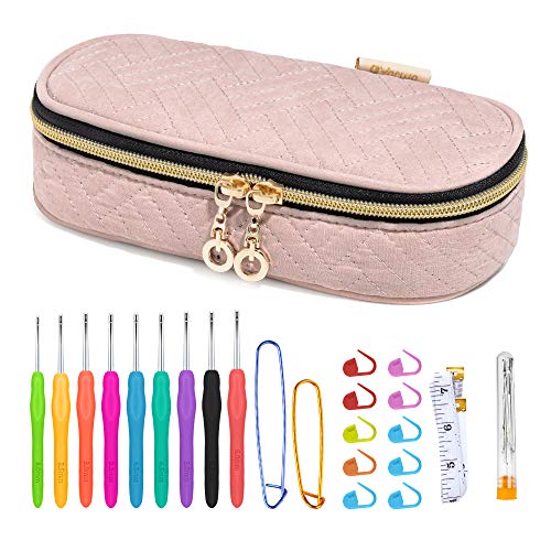 YARWO Kit de Ganchillos con Bolsa, Ganchos de Ganchillo Ergonómicos de 9 Piezas, Agujas romas de Ojos Grandes, Agujas de Crochet y Accesorios,...