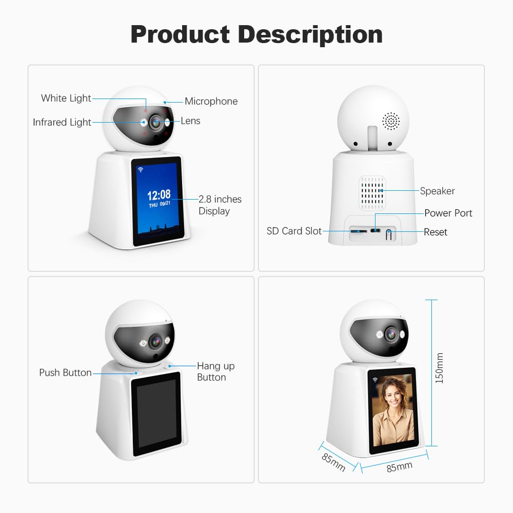 SRIHOME PTZ kamera monitoringowa z wyświetlaczem 2,8 cala, 1440p FHD, rozpoznawanie humanoidów, widoczność w nocy, pełnokolorowa, dwukierunkowe rozmowy wideo i głosowe, zdalne monitorowanie, obsługa