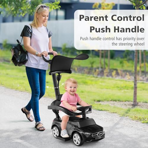 Image of Licensed Mercedes Benz Push Car for Toddlers by INFANS, 3 in 1 Sliding Walking Car with Push Handle, Horn, Music, Underneath Storage, Foot-to-Floor Ride on Toys for Boys Girls, Black