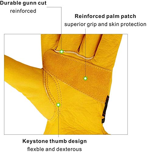 Image of Reinforced Leather Work Gloves with Palm Patch for Gardening, Farming, Construction, Warehousing, Motorcycling, Truck Driving - 10 Inches - Yellow - Pack of 1