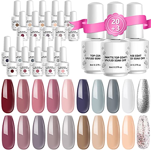 Holybo 23Pcs Gel Nail Polish Kit, Soak Off Gel Nail Polish Set Nude Gel Nail Kit with Glossy & Matte Top and Base Coat Colorful Nail Polish for Manicure Nail Art Salon Home