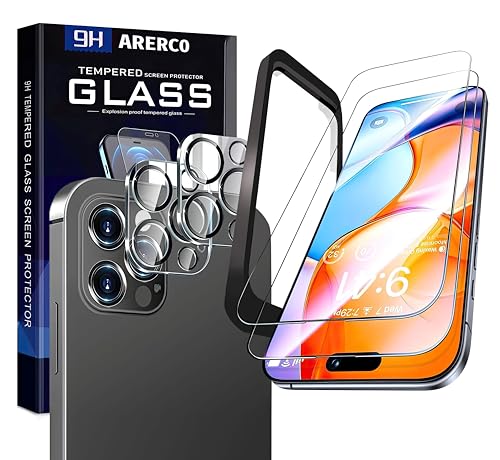 Arerco 2 pack Full 9H+ Military Grade Glass Screen Protector for iPhone 15 Pro + 2 pack Camera Lens Protector with easy Installation Frame Case Friendly Shatterproof Tempered Glass 9H+ Hardness HD Clear Anti-Scratch Glass Full Edge Coverage (6.1) 15Pro