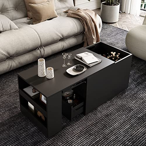 Coffee Table Sliding Top With Hidden Storage,Pull Out Coffee Table,Modern Coffee Table Hidden Compartment And Open Storage Shelf For Living Room,Black #TOP6