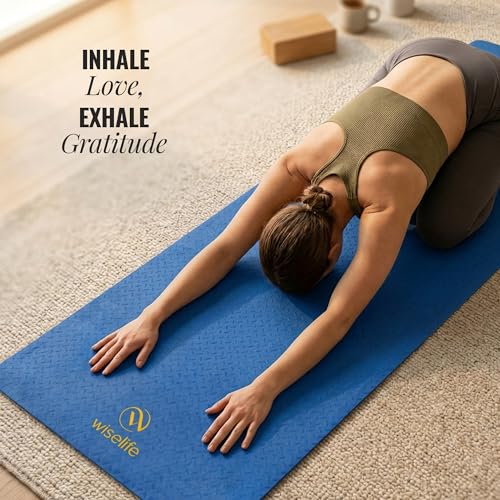 Image of WiseLife Classic Eco-TPE 6 MM Yoga Mat with Yoga Strap for Men & Women | Extra Thick, Long & Wide Non-Slip, Anti-Tear Exercise Mat for Home, Gym, Workout, Fitness, Yoga & Pilates (Blue)