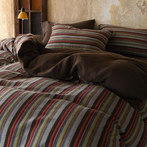 Image of EAVD Retro Striped Duvet Cover Set King Soft 100% Cotton Muslin Bohemian Colorful Vertical Striped Bedding Set with 2 Pillowcases Rustic Farmhouse Style Geometric Pattern Duvet Cover with Zipper