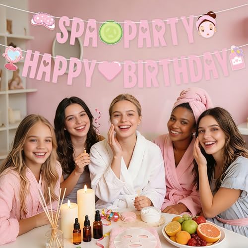 Image of Hooqict Happy Birthday Banner Spa Party Decorations Banner Sign for Girls Women Sleepover Slumber Makeup Pink Spa Themed Birthday Party Decorations Supplies