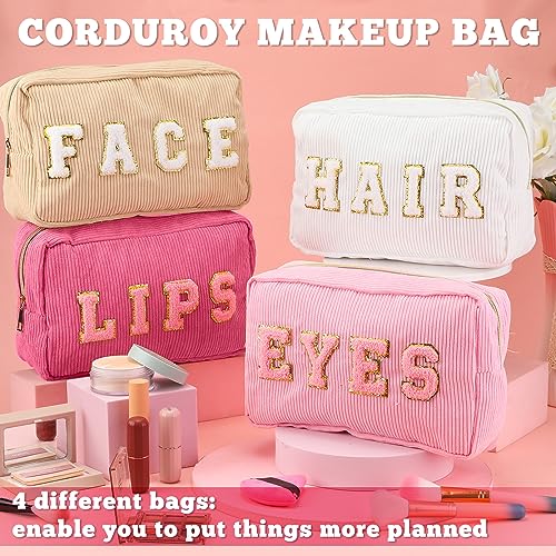 Pinkunn 4 Pcs Preppy Makeup Bag Cute Chenille Cosmetic Bags Face Eyes Lips Hair Corduroy Letter Patch Skin Zipper Patch Bags Travel Zipper Pouch Makeup Organizer for Women3
