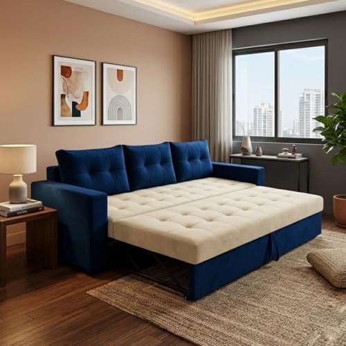 Image of FURNY Tressa 3 Seater Fabric Pull-Out Sofa Cum Bed Function (Dark Blue-Cream) | Luxury Velvet Suede Finish | Durable Comfort Sofa Bed for Modern Living Room & Office Spaces