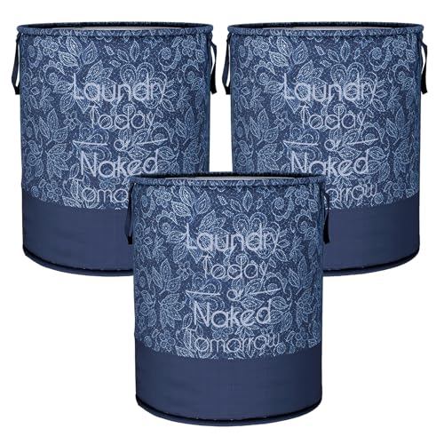 Image of Kuber Industries Pack of 3 | 45 LTR | Laundry Basket | Clothes Storage Hamper | Non-Woven Round Laundry Basket | Foldable Laundry Bag with Handle | Toy Storage Basket | Flower-Print | Navy Blue