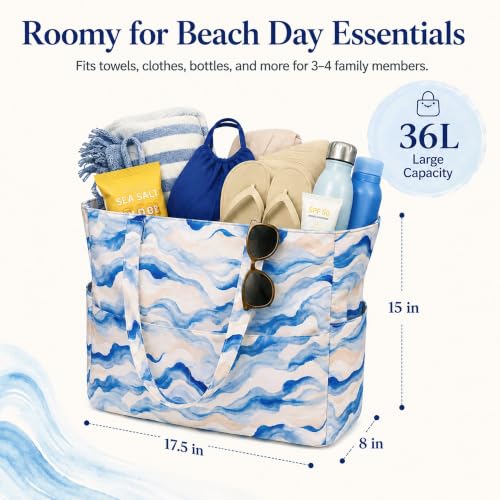 Image of LEDAOU Beach Bag Waterproof Sandproof Women Beach Tote Pool Bag with Zipper for Swim Gym Grocery Travel with Wet Pocket | Sandproof