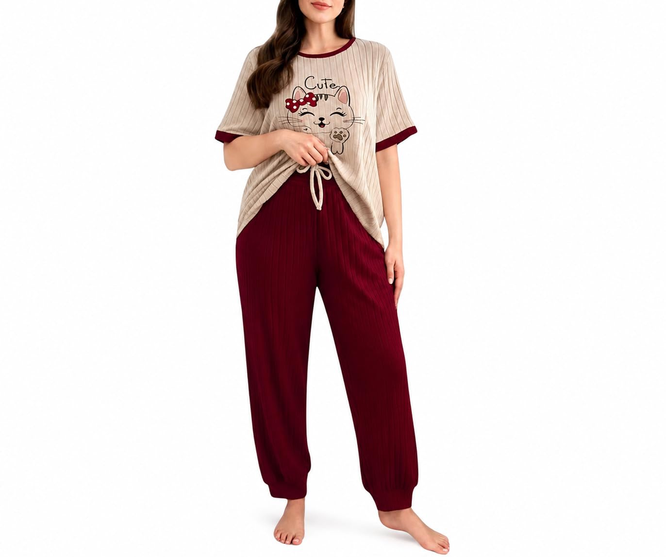 Women's Cotton Nightsuit Set with Cute Meow Print | Soft Beige Half Sleeve Top with Contrast Trim & Maroon Pajama Pants | Comfortable Sleepwear & Loungewear Set (Multicolor) (Maroon, S)-picture-32