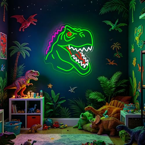 Image of Dinosaur Neon Sign Lights for Wall Decor, T-REX LED Sign for Room and Man Cave Decor, Dimmable Powered LED Signs for Bedroom, Man Cave Party, Birthday Christmas Gift (T-REX Green)