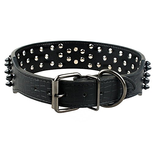 Beirui Spiked Leather Dog Collar - 3 Rows Bullet Rivets Studded PU Leather - Cool Skull Pet Accessories Best Choice for Medium and Large Dogs,Black 15-18" - Thumbnail 2