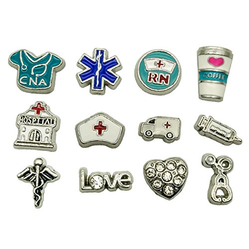 Dotiow 12pcs/Set Nurse Theme floting Charms Glass Locket Lanyard Necklace