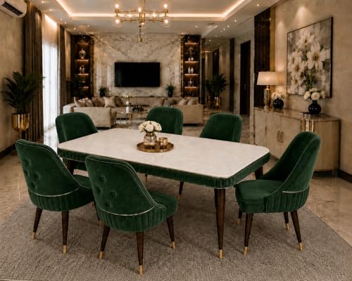 Image of WOODEN SPACE 6-Seater Wooden Dining Table Set | Nano Composite Marble Top | Solid Wood Base | Modern Dining Room Furniture with 6 Chairs (Grand Aura Dark Green)