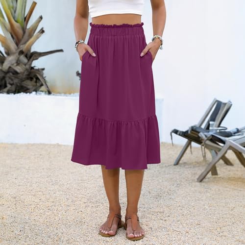 Women High Waist Pleated Midi Skirts A-Line Swing Skirts Summer Skirt with Pockets