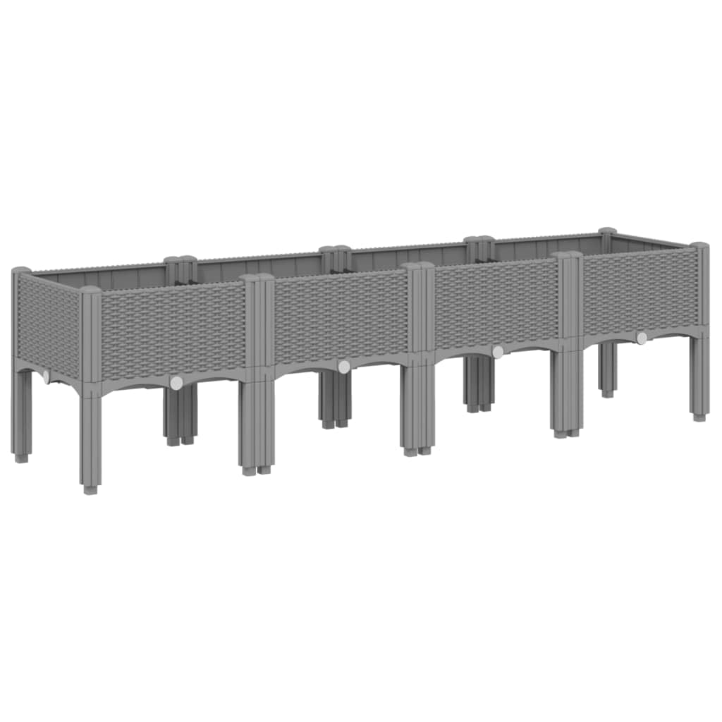 Jardinera con patas elevadas para jardín y terraza, maceta en aspecto de ratán, maceta de plástico PP para plantas trepadoras, 160 x 40 x 42 cm, gris claro