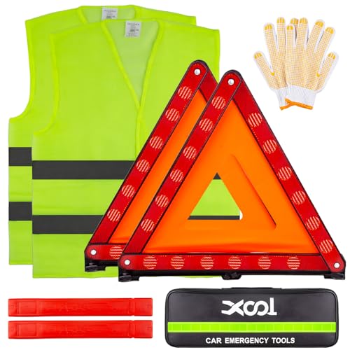 XOOL Emergency Warning Triangle Kit – Roadside Safety Kit with Reflective Warning Triangles, High-Visibility Safety Vests, Storage Bag & Gloves for Car Breakdowns & Emergencies