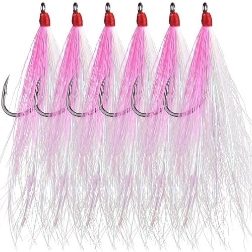 Bucktail Teasers Fishing Hooks Saltwater Flounder Rig High Carbon Steel Fishing Hooks Bucktail Mylar Teasers Inserted for Catfish Cod Flounder Hi/Lo Rig