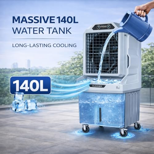 Image of ROCKSUN Hummer Desert Air Cooler | 135L Water Tank | 21+ Inch Fan | 4800 m /h Powerful Air Flow | Honeycomb Cooling Pads | Auto Swing | 350W Energy |750 ft | Heavy Duty Portable Cooler (Grey)