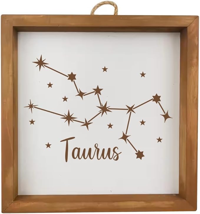 Framed Wood Sign Wall Art Home Desk Decor Gift Taurus Star Zodiac Horoscope Constellation (Brown Frame)