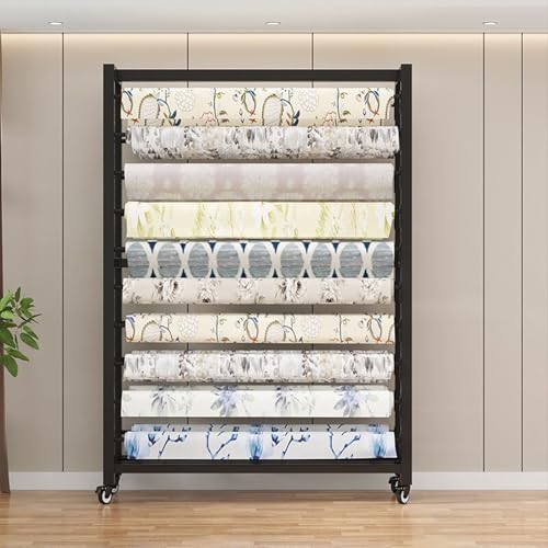 Commercial Fabric Roll Storage Rack with Adjustable Hanging Rod, Movable Heavy Duty Steel Organizer Holder with Wheels for Vinyl Spool / Leather Roll / Window Film / Wallpaper Displays(14 rods,196cm(7