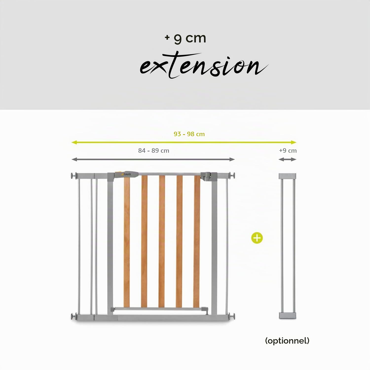 hauck Barrière Sécurité Enfant Extensible Wood Lock 2, 84 - 89 cm, Inclus Rallonge de 9 cm, sans Perçage, Barriere de Porte et Escalier, Bois et Métal Gris