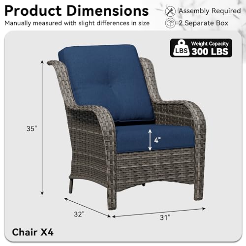 Image of 4 Piece Outdoor Wicker Patio Furniture Set, Patio Chairs Set of 4 with Thickened Olefin Cushions, High Back and Deep Seating, Hand-Woven PE Rattan for Porch, Deck, Blue