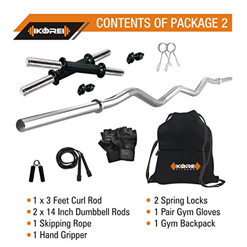 Image of Kore PVC 20 Kg Home Gym Set With One 3 Ft Curl Rod And One Pair Dumbbell Rods With Gym Accessories, Black