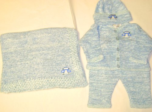 Knitted on Hand Knitting Machine Trimmed By Hand Crochet Infant Boys Outfit Made of Blue Chenille Denim Cotton Tweed Cardigan, Pant Hat Set Trimmed with Blue Car Patch and Matching Blanket (6-12mo)