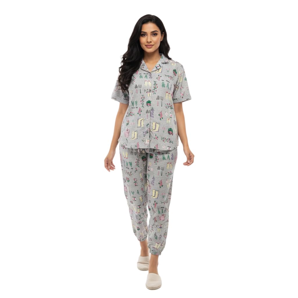 josejones Women Night Suit Set | Concrete Grey Printed Pajama Set | Malai Fabric Front Button Collar Shirt with Jogger Pants | Half Sleeve Nightwear & Lounge Set-picture-53