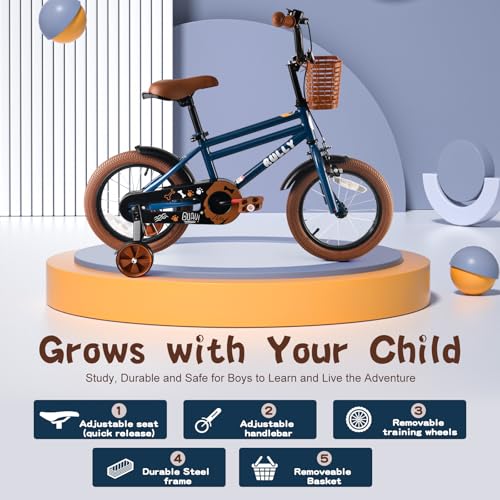 Image of RULLY 12 14 16 Inch Boys' Bike for Kids Ages 2-6, Toddler Bicycle with Training Wheels, Coaster Brake & Handbrake, and Front Basket(Blue Black Green)