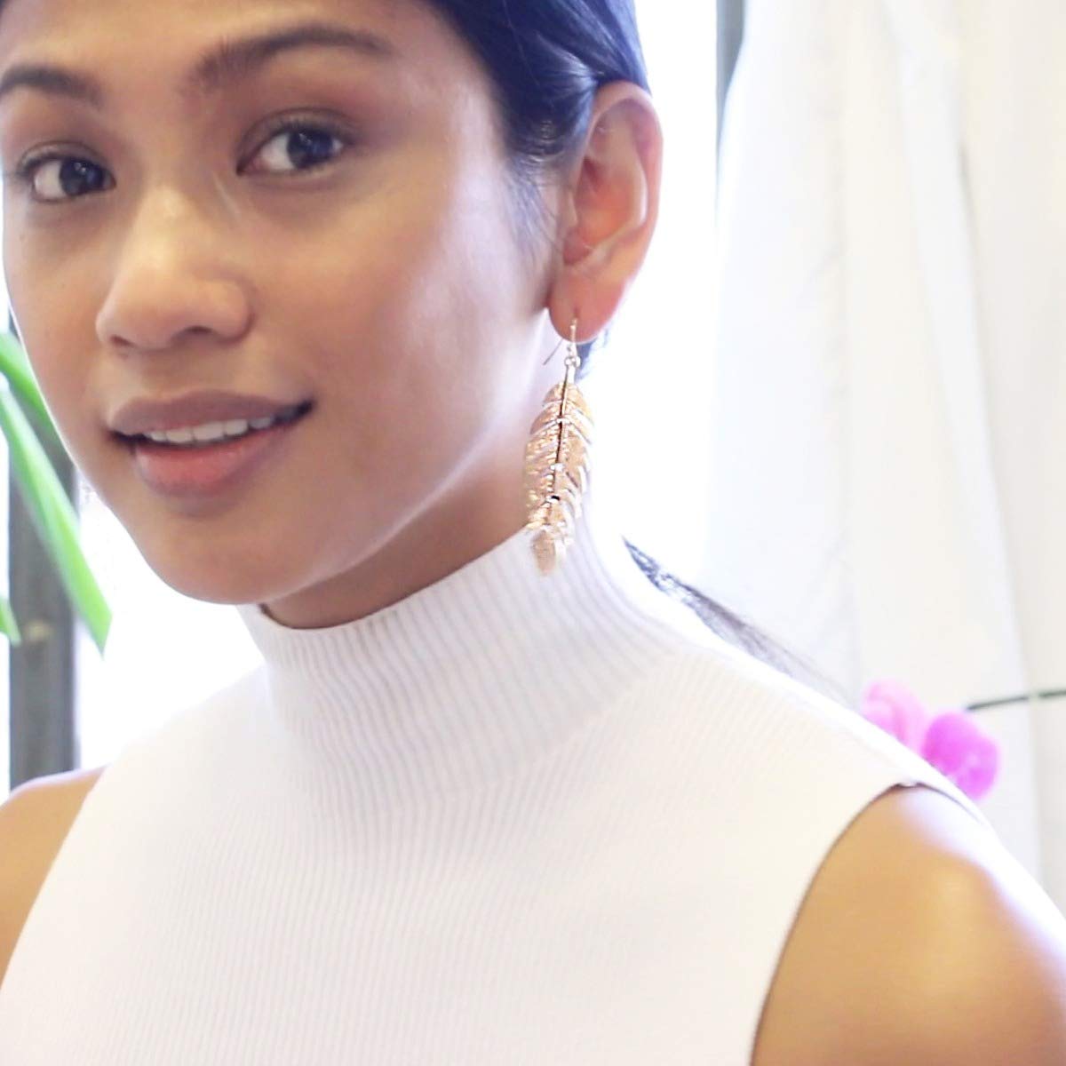 Leaf Earrings for Women - Long Hanging Boho Feather Earrings Plated in Gold, , or Rose Gold Tone: Rose Gold