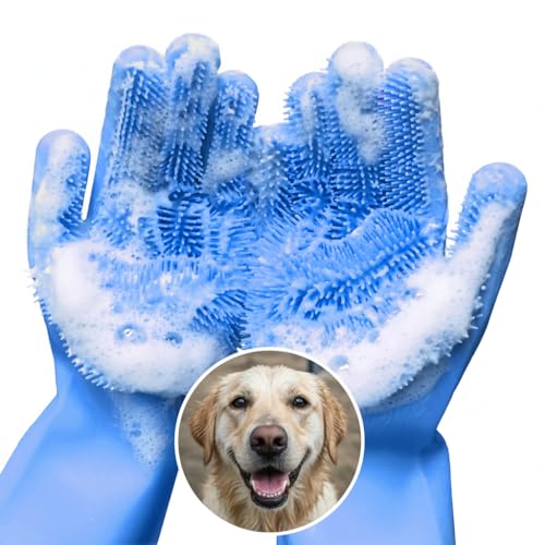 Cat and Dog Shampoo Gloves with 3000 Soft Bristles 2-in-1 Dog Bath Gloves 11.6 Durable Silicone Saves Shampoo | Massage Grooming & Clean Wet or Dry Made for Every Breed and Coat Style (Blue)