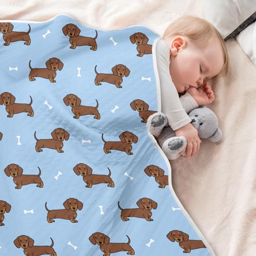 Image of Cute Dachshund Dog Blue Baby Swaddle Blanket for Boys and Girls, Muslin Baby Receiving Swaddle Blanket, Soft Cotton Nursery Swaddling Blankets for Newborn Toddler Infant