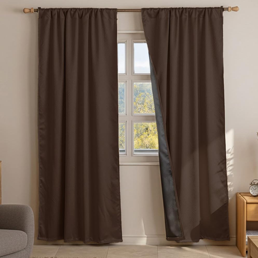 Image of HOMEMONDE 100% True Blackout Curtains 5 Feet Window - 1 Piece Curtain, Embossed Panels Light Block Thermal Insulated & Noise Reducing Top Style Rod Pocket Curtains (Brown, 60Inch)