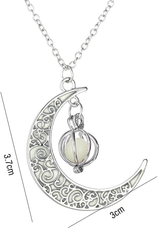Glow in The Dark Silver Crescent Moon and Orb Necklace - Glowing Blue Moon Charm - Magical Fantasy Fairy Glowing Necklace - Glow Jewelry (sky blue)