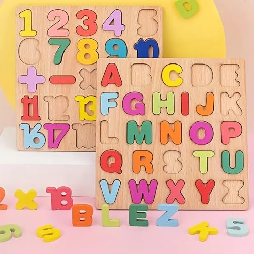 Image of WISHKEY Wooden 3D Capital Alphabets and Number Board Puzzle and Educational Puzzles for Early Learning, Non-Toxic, Colorful Toy, Montessori Toy for Pre-Schooler Kids, Multicolor (Pack of 2)