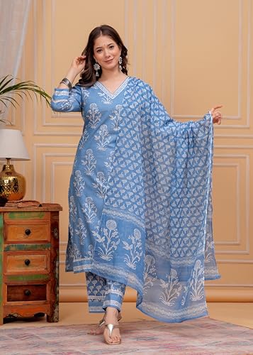 Image of MEERA FAB Women's Cotton Blend Straight Printed Kurta with Palazzo & Dupatta