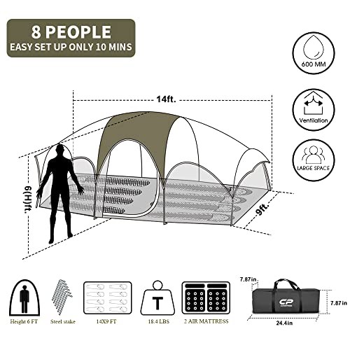 Image of CAMPROS CP Tent 8 Person Camping Tents, Weather Resistant Family Tent, 5 Large Mesh Windows, Double Layer, Divided Curtain for Separated Room, Portable with Carry Bag