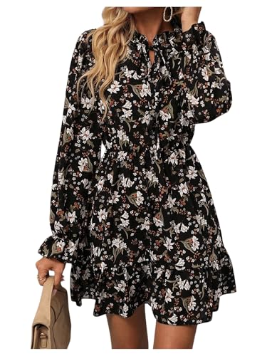 Image of Floerns Women's Leopard Print Tie Neck Party Dress Layered Long Sleeve A Line Dresses