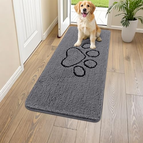 Image of Smiry Dog Door Mat for Muddy Paws, Absorbent Dirt Trapper Non Slip Quick Dry Washable Chenille Mat for Mud Dogs, Entry Rug for Indoor and Outdoor (47x24 Inches, Dark Grey and Black)